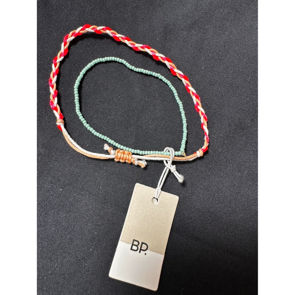 BP Nordstrom Women 2-Piece Bracelet Set Braided Cord Seed Bead Red Mint Green